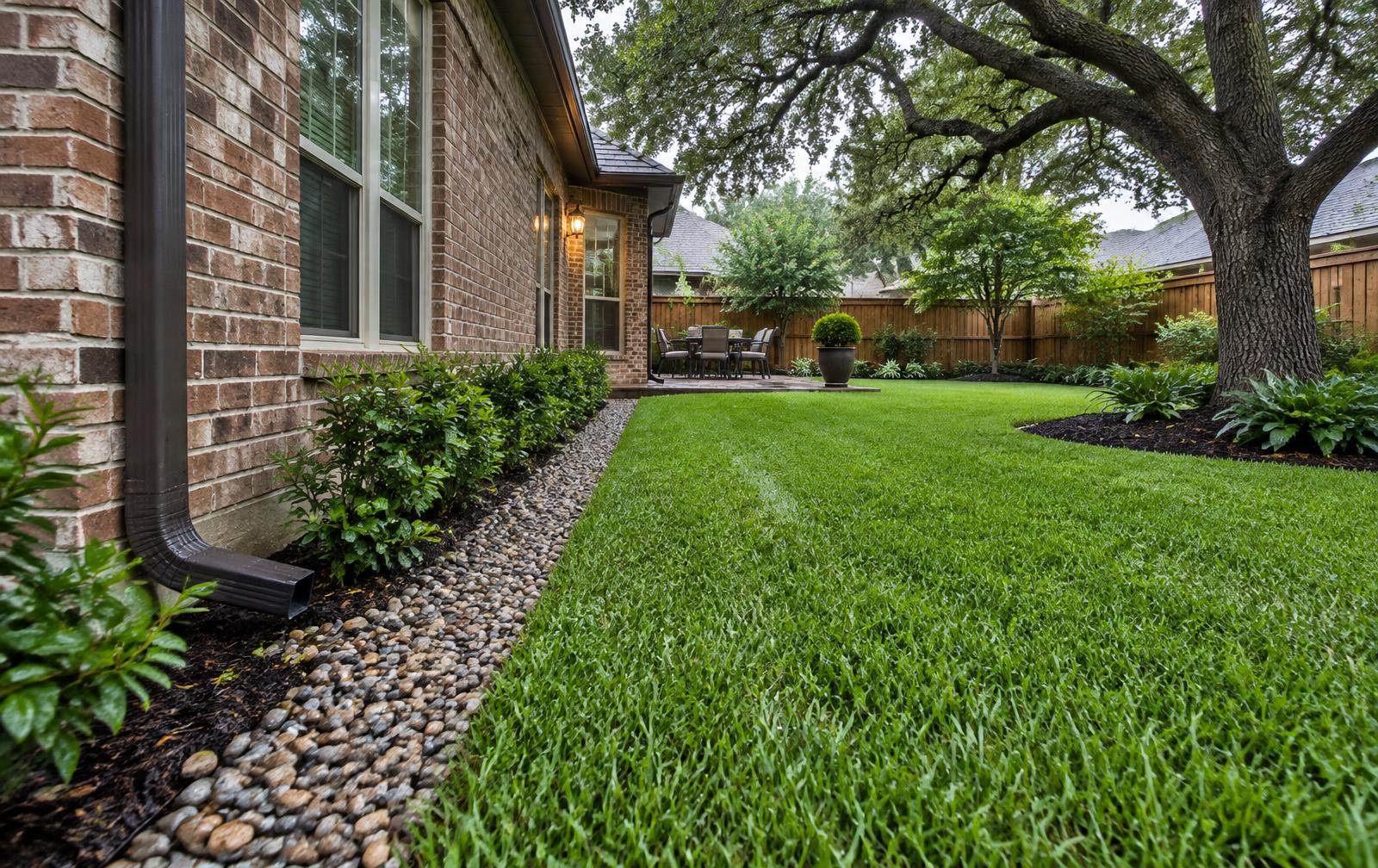 Professionally drained Houston backyard after rainfall